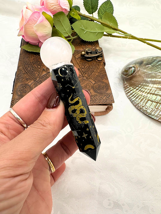 Scettro in Ossidiana Nera e Selenite